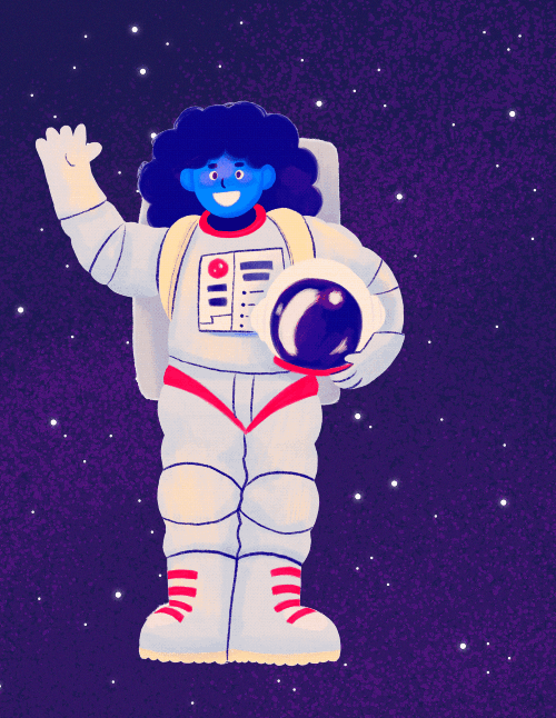 Um retrato animado de uma jovem astronauta acenando. Tem vestido o seu fato espacial, acena com uma mão e segura o capacete com a outra. Tem cabelo encaracolado, que emoldura o seu rosto sorridente. Ao fundo vemos um foguetão a passar, sob um céu estrelado. 