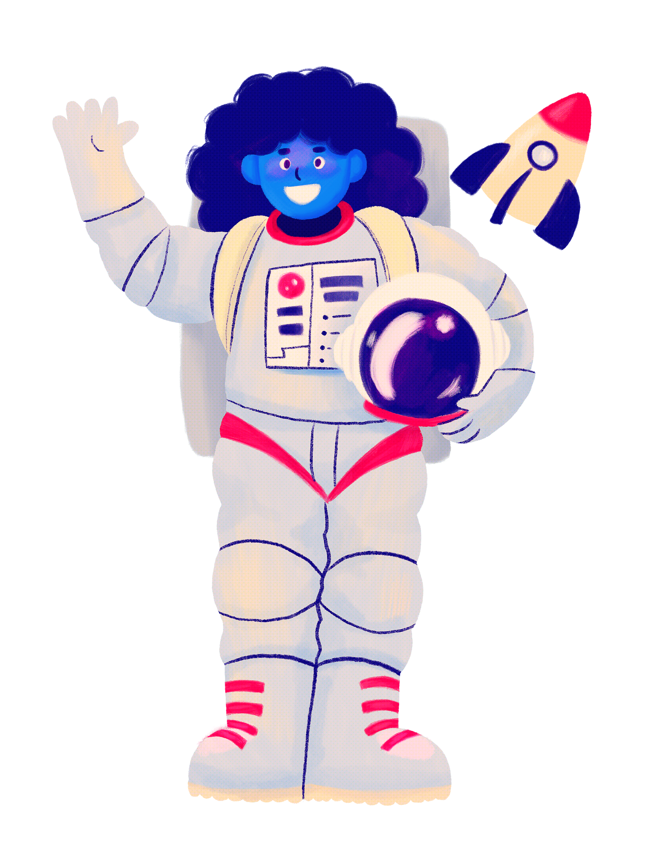 Retrato de Matilde, a Astronauta. Tem vestido o seu fato espacial, acena com uma mão e segura o capacete com a outra. Tem cabelo encaracolado, que emoldura o seu rosto radioso e sorridente. Ao fundo vemos um foguetão a passar, sob um céu estrelado.