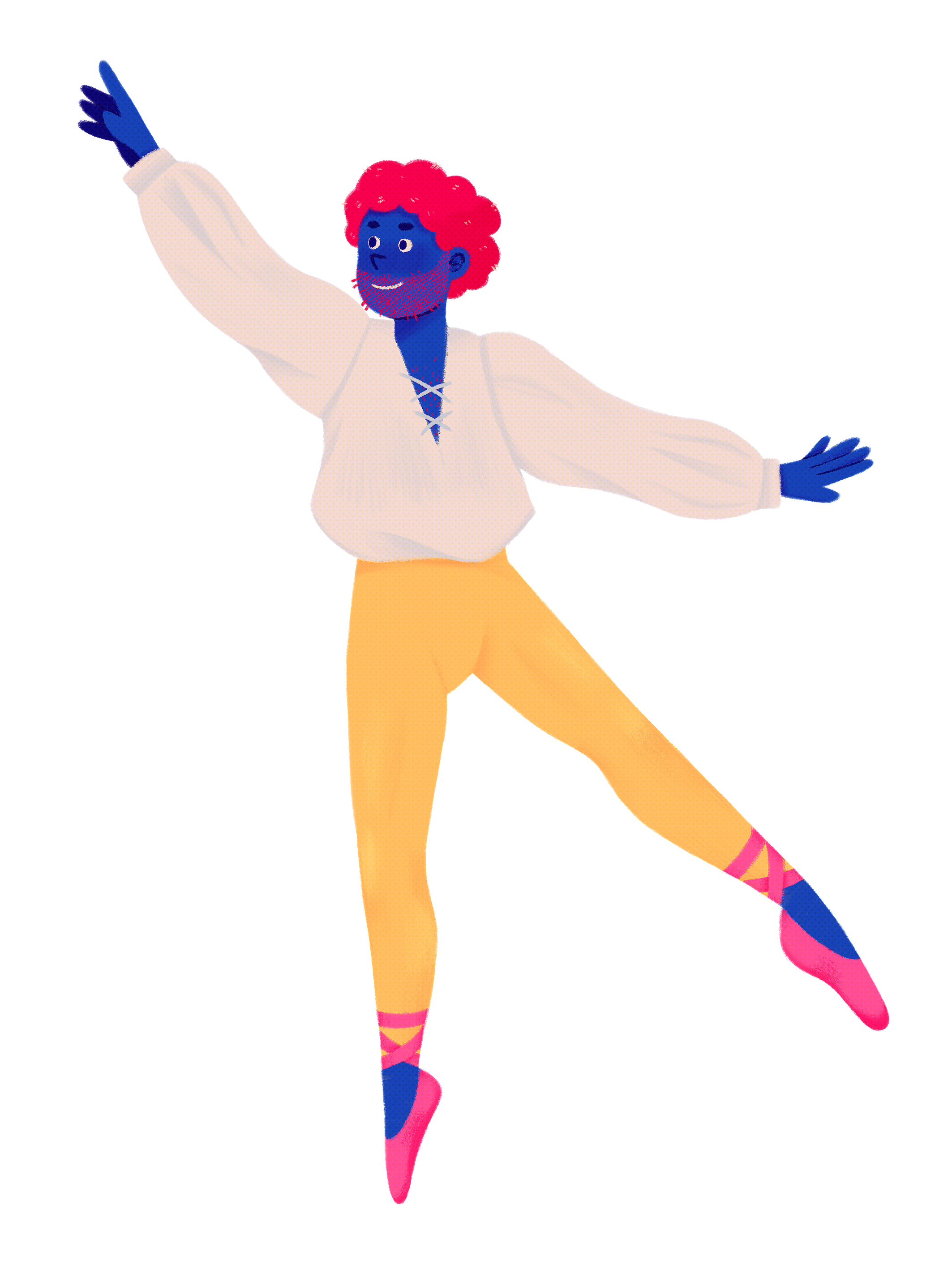 Retrato de Marcelino, o Bailarino. Apresenta-se em pleno voo, em movimento, como  quase a terminar uma pirueta de bailado clássico. Está parado no ar, naquele momento antes de aterrar, com o pé direito à frente e a perna esquerda mais elevada e com os braços abertos com o braço direito mais a cima e o esquerdo mais a baixo, equilibrando-se  graciosa e elegantemente. Tem cabelo encaracolado curto, uma barba curta e veste umas calças justas amarelas e umas sapatilhas de bailado cor-de-rosa, com atilhos amarrados com algumas voltas aos tornozelos. Veste uma camisa branca sem colarinho, folgada no tronco e braços, fechada à frente com um atilho e presa nas calças para não atrapalhar os movimentos. 