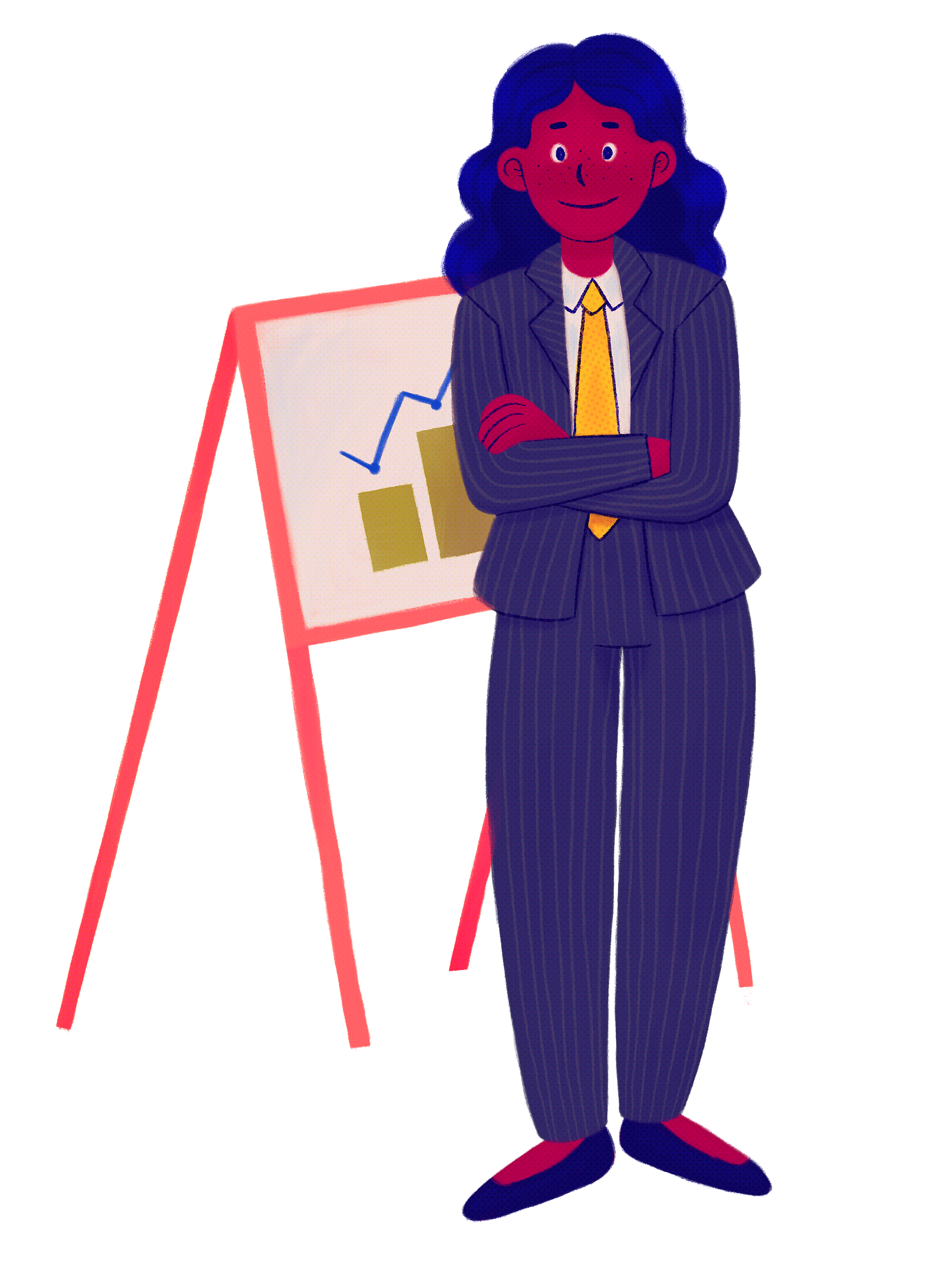 Retrato de Rita, a Empresária. Apresenta-se vestindo o seu fato calça-casaco azul, camisa branca, gravata amarela e sabrinas azuis. Tem os braços cruzados e sorri, transmitindo confiança e segurança. Usa o cabelo ondulado comprido, solto, com risco ao meio e atirado para trás dos ombros. Atrás tem um cavalete com um bloco de papel com um gráfico, para uma reunião de negócios.