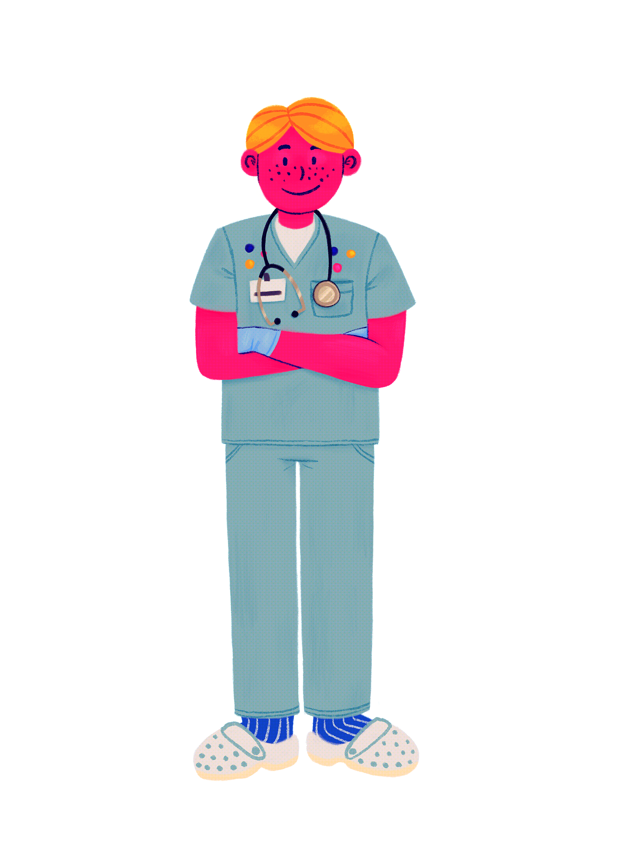 Apresenta-se com roupa de hospital. As calças e túnica de manga curta verde azuladas tipicas do trabalho que desempenha, para completar uma t-shirt por baixo. Usa umas Crocs brancas confortáveis e uma meias azuis com riscas brancas. Tem os braços cruzados e as mãos, quase escondidas, têm luvas cirúrgicas azuis. Ao pescoço trás um estetoscópio e ao peito usa uns pequenos pins ou crachás coloridos. Usa o cabelo curto, com risca ligeiramente para a esquerda e um sorriso no rosto.