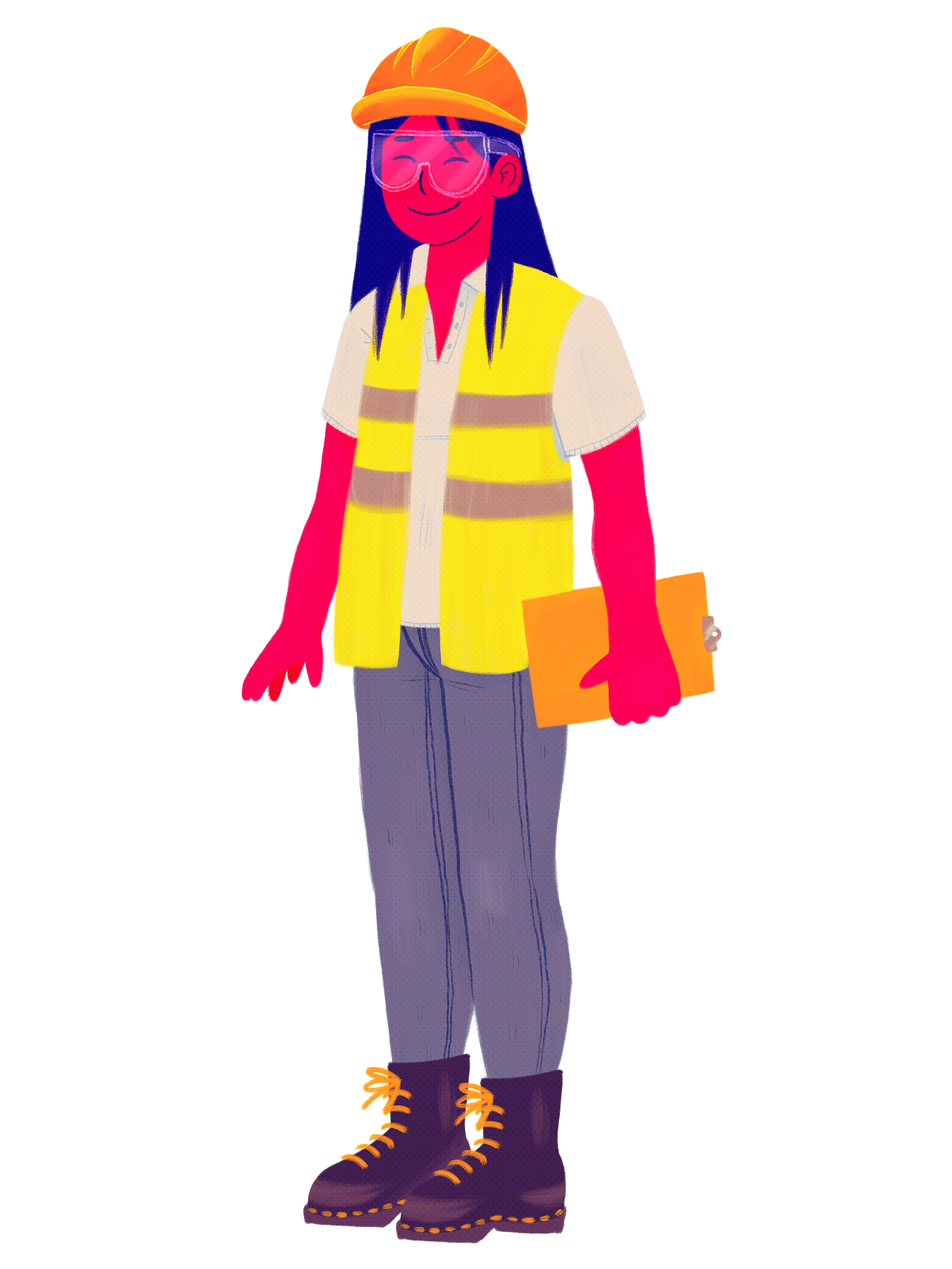 Apresenta-se com roupa prática, de quem está a visitar uma obra. Uma camisa branca, simples e de mangas curtas, umas calças de ganga, umas botas pretas de biqueira de aço e atacadores amarelos. Usa o cabelo solto, uns óculos de proteção, um colete refletor amarelo e um capacete amarelo - de visitante de obra. Na mão esquerda tem uma prancheta para facilitar tirar apontamentos.
