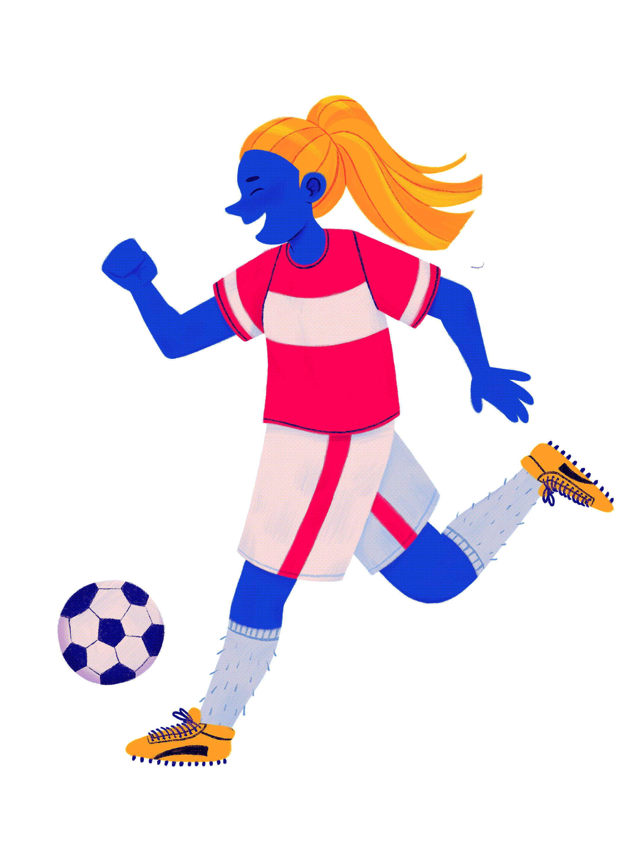 Retrato de Luísa, a Futebolista. Correndo para o ataque, sorri, controlando a bola à sua frente. Veste um equipamento de futebol, a camisola de manga curta é vermelha com uma risca horizontal branca e uma risca horizontal branca larga a meio do tronco. Os calções são brancos com uma risca vermelha vertical a acompanhar a costura externa e interna da perna. Tem umas meias altas brancas e chuteiras amarelas com pitons e usa o seu cabelo longo apanhado num rabo-de-cavalo alto. 