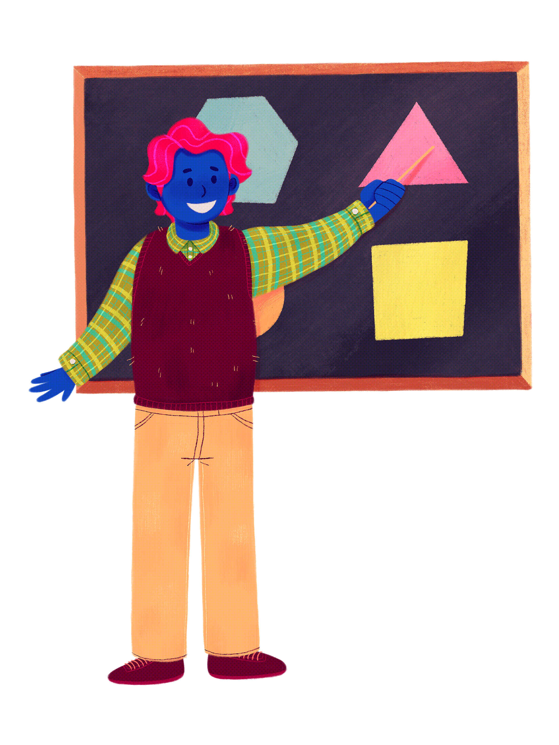 Com um grande sorriso, de pé, de costas para um quadro de giz, aponta para o canto superior direito onde está um triângulo rosa. No mesmo quadro, no canto superior esquerdo tem um hexagono azul, no canto inferior direito está um quadrado amarelo e atrás de si, no canto inferior esquerdo e quase escondida, outra figura geometrica laranja. Tem cabelo ondulado com risca à direita, veste uma camisa de manga comprida, xadrez com tons de verde, azul e amarelo. Por cima usa um colete castanho avermelhado, tem umas calças caqui e uns sapatos da mesma cor que o colete, de atacadores.